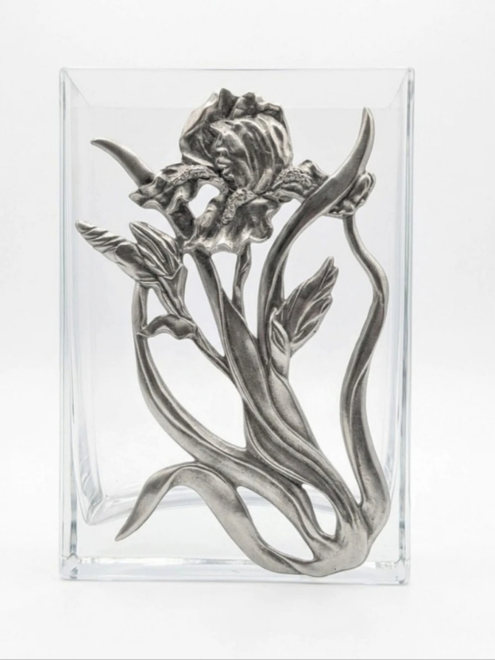 Seagull Fine Pewter Nova Scotia, Clear Glass Iris Floral Vanity Vase Tray 5 x 4"